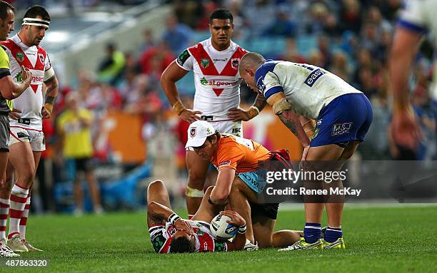 Benji Marshall of the Dragons is injured during the NRL Elimination Final match between the Canterbury Bulldogs and the St George Illawarra Dragons...