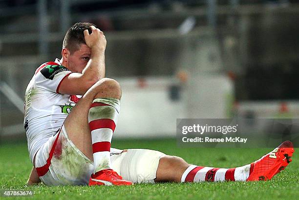 Gareth Widdop of the Dragons shows his dejection after the NRL Elimination Final match between the Canterbury Bulldogs and the St George Illawarra...