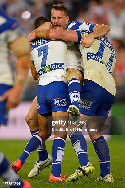 Josh Reynolds of the Bulldogs celebrates kicking a field goal to win the match during the NRL Elimination Final match between the Canterbury Bulldogs...