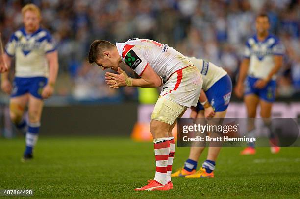 Gareth Widdop of the Dragons reacts after kicking the ball out on the full during the NRL Elimination Final match between the Canterbury Bulldogs and...