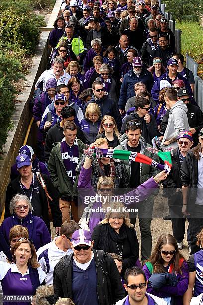 Fans arrive by train before the First AFL Qualifying Final match between the Fremantle Dockers and the Sydney Swans at Domain Stadium on September...
