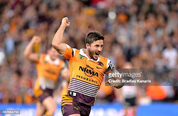 Ben Hunt of the Broncos celebrates victory after the NRL Qualifying Final match between the Brisbane Broncos and the North Queensland Cowboys at...