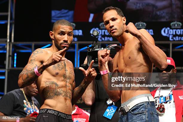 Ashley Theophane and Angino Perez face off after weighing in for their welterweight fight at the MGM Grand Garden Arena on May 2, 2014 in Las Vegas,...