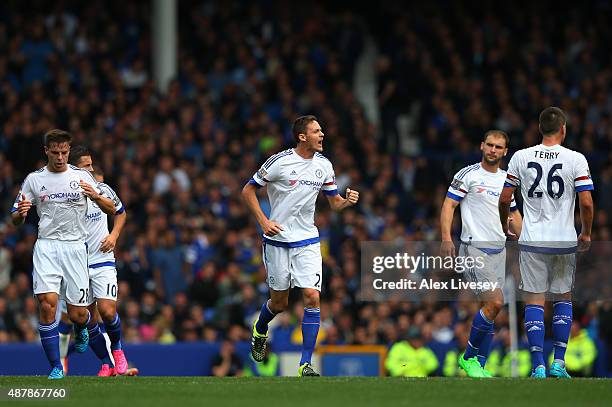 Nemanja Matic of Chelsea celebrates scoring his team's opening goal during the Barclays Premier League match between Everton and Chelsea at Goodison...