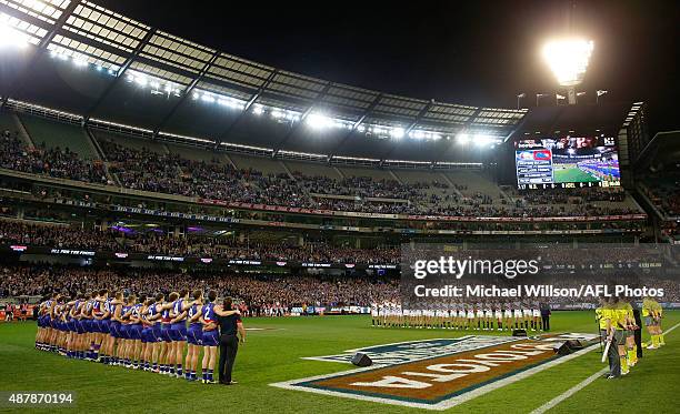 General view of the national anthem during the 2015 AFL Second Elimination Final match between the Western Bulldogs and the Adelaide Crows at the...