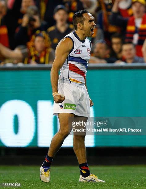 Eddie Betts of the Crows celebrates a goal during the 2015 AFL Second Elimination Final match between the Western Bulldogs and the Adelaide Crows at...