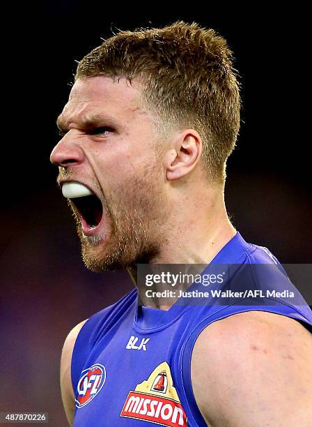 Jake Stringer of the Bulldogs celebrates a goal during the 2015 AFL Second Elimination Final match between the Western Bulldogs and the Adelaide...