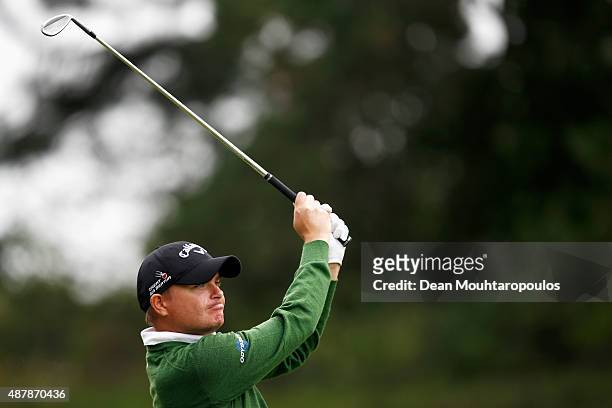 James Morrison of England hits his second shot on the 9th hole during Day 3 of the KLM Open held at Kennemer G & CC on September 12, 2015 in...