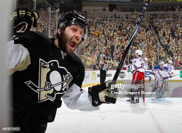 Lee Stempniak of the Pittsburgh Penguins celebrates his goal during the second period against the New York Rangers in Game One of the Second Round of...