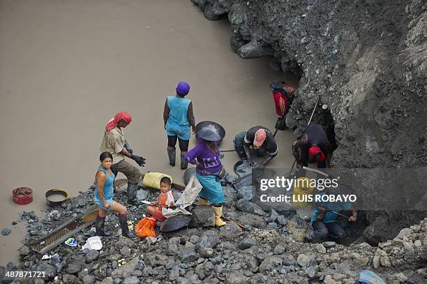Colombian miners search for gold near a gold mine that collapsed in San Antonio, rural area of Santander de Quilichao, department of Cauca, Colombia,...