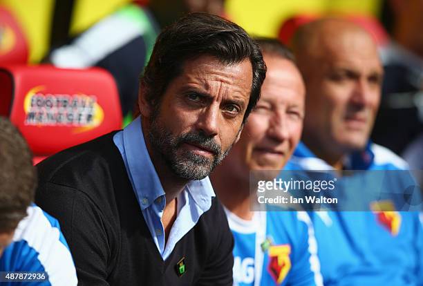 Quique Flores, manager of Watford looks on during the Barclays Premier League match between Watford and Swansea City at Vicarage Road on September...