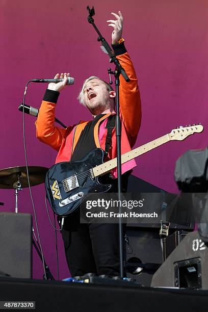 Jonathan Higgs of Everything Everything performs live on stage during the first day of the Lollapalooza Berlin music festival at Tempelhof Airport on...