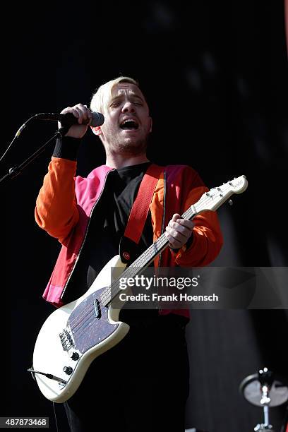 Jonathan Higgs of Everything Everything performs live on stage during the first day of the Lollapalooza Berlin music festival at Tempelhof Airport on...