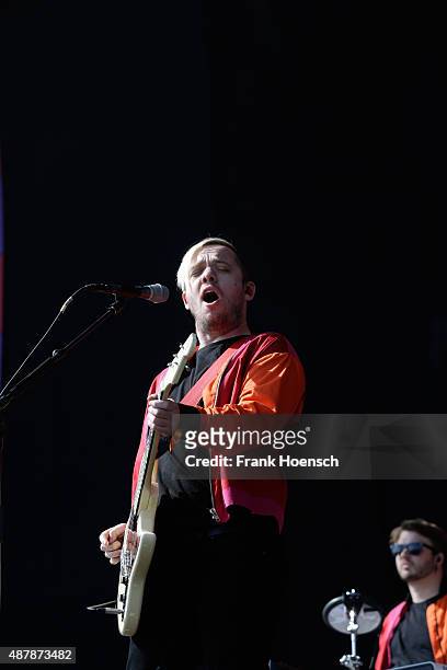 Jonathan Higgs of Everything Everything performs live on stage during the first day of the Lollapalooza Berlin music festival at Tempelhof Airport on...