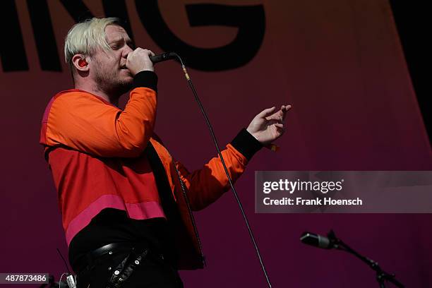 Jonathan Higgs of Everything Everything performs live on stage during the first day of the Lollapalooza Berlin music festival at Tempelhof Airport on...