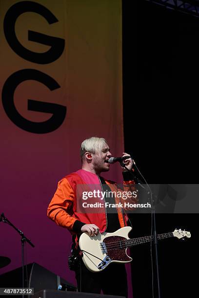 Jonathan Higgs of Everything Everything performs live on stage during the first day of the Lollapalooza Berlin music festival at Tempelhof Airport on...