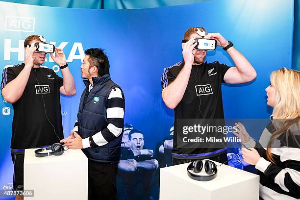 All Blacks players Wyatt Crockett and Kieran Read try the Haka 360 Experience at the Launch Event at Oxo Tower Wharf South Wharf on September 12,...