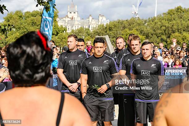 All Blacks arrive to a traditional Maori welcome at the Haka 360 Experience Launch Event at Oxo Tower Wharf South Wharf on September 12, 2015 in...