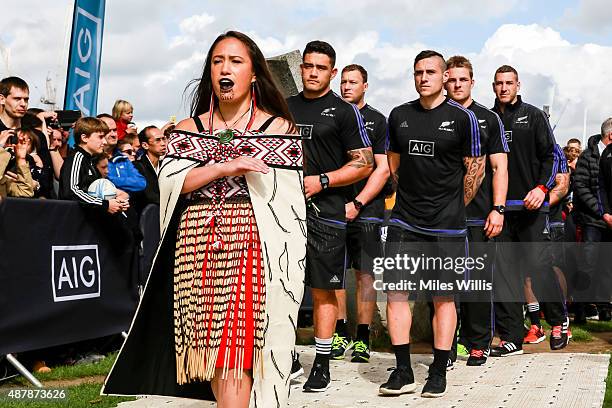 All Blacks arrive to a traditional Maori welcome at the Haka 360 Experience Launch Event at Oxo Tower Wharf South Wharf on September 12, 2015 in...