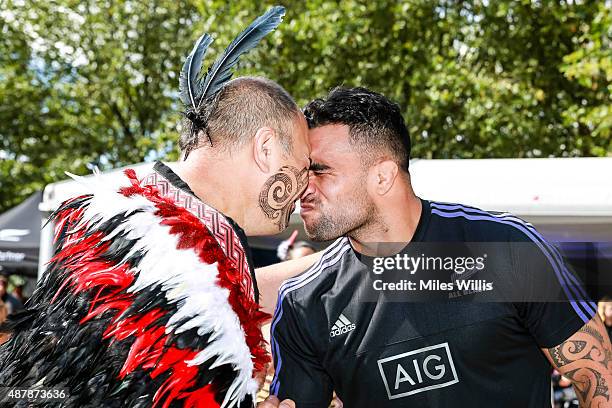 All Blacks player Liam Messam performs a hongi, the traditional Maori greeting at the Haka 360 Experience Launch Event at Oxo Tower Wharf South Wharf...