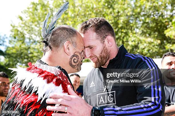 All Blacks player Kieran Read performs a hongi, the traditional Maori greeting at the Haka 360 Experience Launch Event at Oxo Tower Wharf South Wharf...