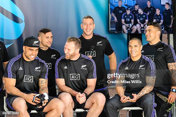 All Blacks players Liam Messam, TJ Perenara, Kieran Read, Wyatt Crockett, Aaron Smith and Codie Taylor attend the Haka 360 Experience Launch Event at...