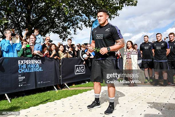 All Blacks player Codie Taylor arrives to a traditional Maori welcome at the Haka 360 Experience Launch Event at Oxo Tower Wharf South Wharf on...