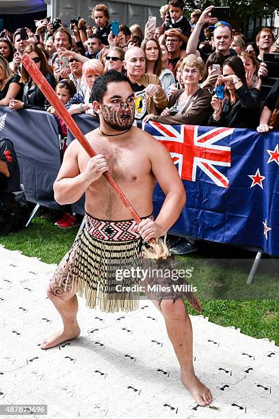Member of the Maori group Ngati Ranana performs a Powhiri, the traditional Maori welcome at the Haka 360 Experience Launch Event at Oxo Tower Wharf...