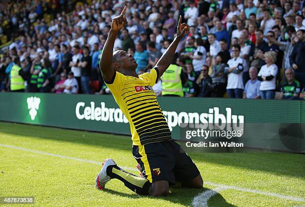 Odion Ighalo of Watford celebrates scoring the opening goal during the Barclays Premier League match between Watford and Swansea City at Vicarage...