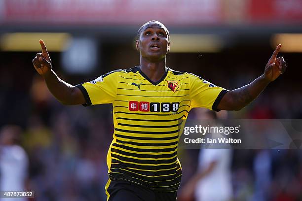 Odion Ighalo of Watford celebrates scoring the opening goal during the Barclays Premier League match between Watford and Swansea City at Vicarage...