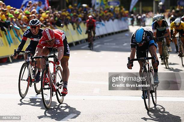 Andre Greipel of Germany and Lotto-Soudal beats Elia Viviani of Italy and Team SKY to the line to win stage seven of the 2015 Tour of Britain from...