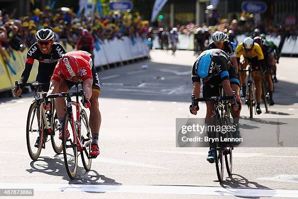 Andre Greipel of Germany and Lotto-Soudal beats Elia Viviani of Italy and Team SKY to the line to win stage seven of the 2015 Tour of Britain from...