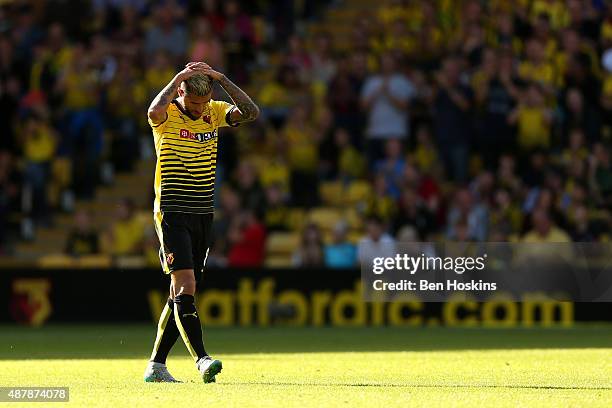 Valon Behrami of Watford leaves the field after being sent off during the Barclays Premier League match between Watford and Swansea City at Vicarage...