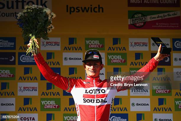 Andre Greipel of Germany and Lotto-Soudal celebrates winning stage seven of the 2015 Tour of Britain from Fakenham Racecourse to Ipswich on September...