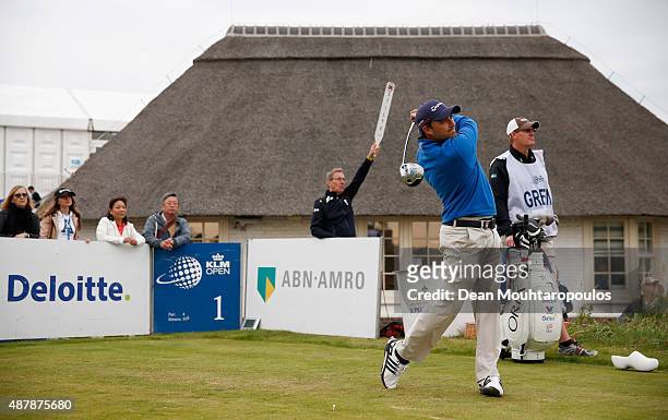 Jason Barnes of England hits his tee shot on the 1st hole during Day 3 of the KLM Open held at Kennemer G & CC on September 12, 2015 in Zandvoort,...