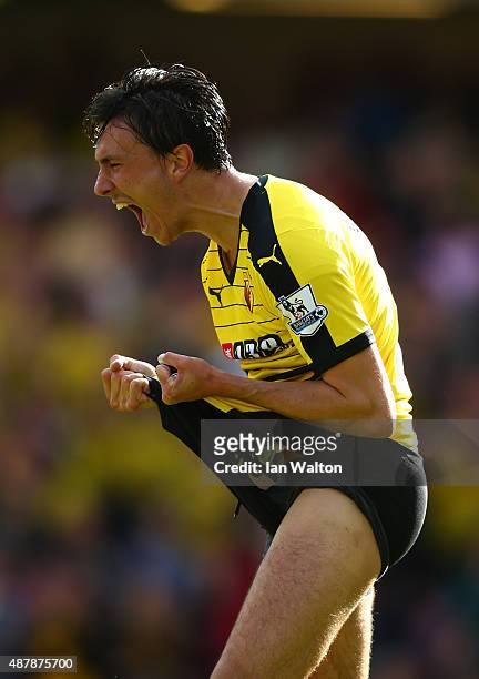 Steven Berghuis of Watford celebrates after the Barclays Premier League match between Watford and Swansea City at Vicarage Road on September 12, 2015...