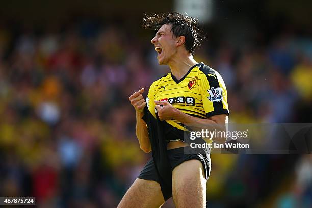 Steven Berghuis of Watford celebrates after the Barclays Premier League match between Watford and Swansea City at Vicarage Road on September 12, 2015...