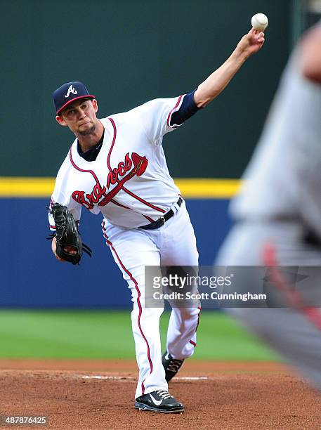 Mike Minor of the Atlanta Braves throws a 1st inning pitch against the San Francisco Giants at Turner Field on May 2, 2014 in Atlanta, Georgia.