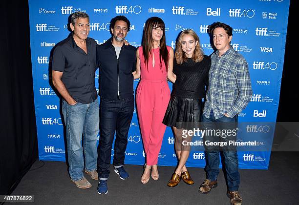 Producers George Clooney, Grant Heslov, actress/executive producer Sandra Bullock, actress Zoe Kazan and director David Gordon Green attend the "Our...