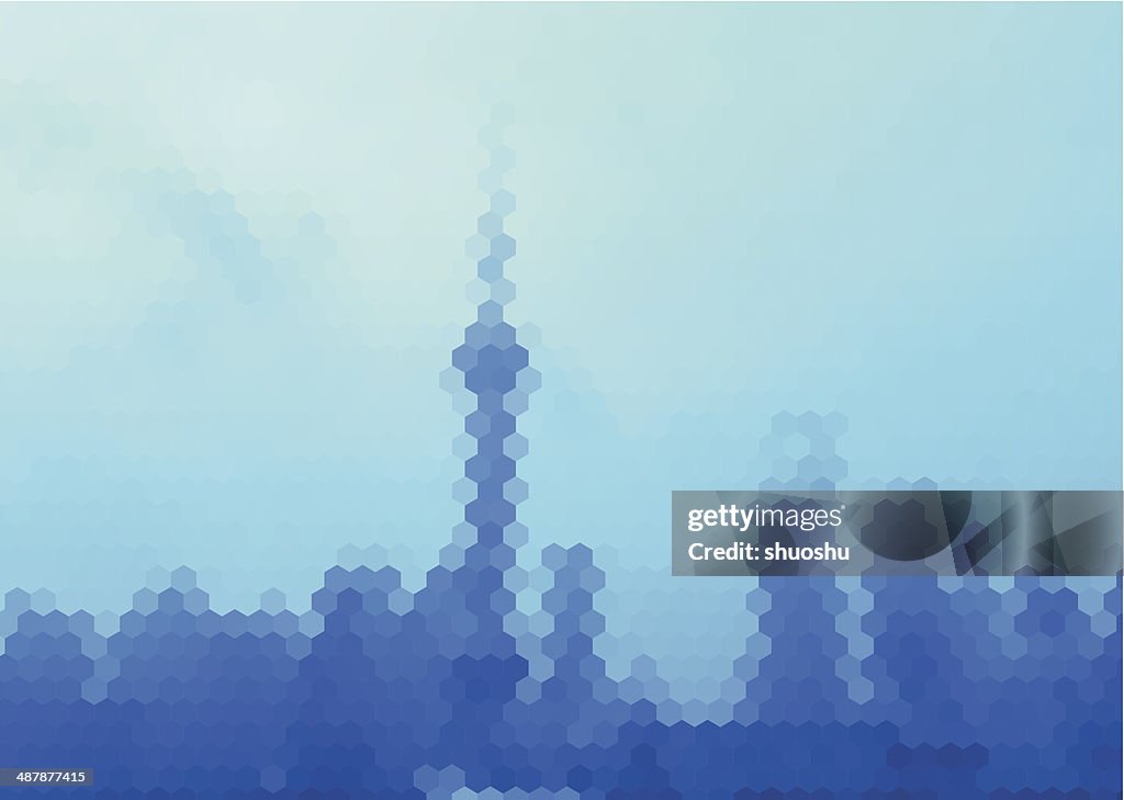 Abstract blue hexagon mosaic style Shanghai skyline pattern background