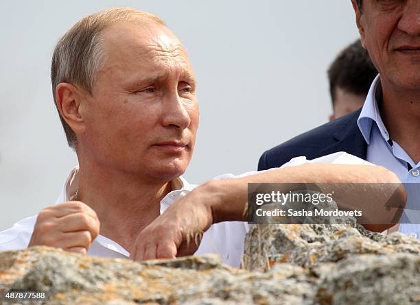 Russian President Vladimir Putin is seen during a joint visit with Former Italian Prime Minister Silvio Berlusconi to Chersonesus museum on September...