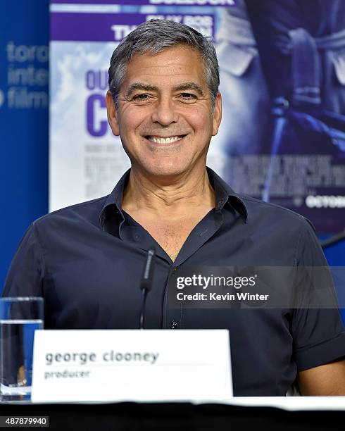 Actor George Clooney speaks onstage during the "Our Brand Is Crisis" press conference at the 2015 Toronto International Film Festival at TIFF Bell...