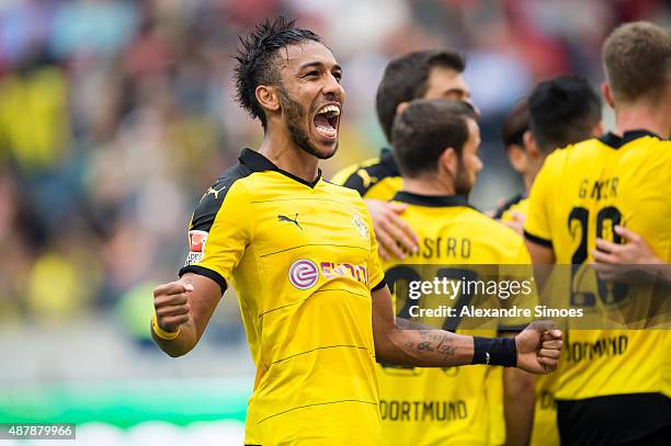 Pierre-Emerick Aubameyang of Borussia Dortmund celebrates after scoring his team's 4th goal during the Bundesliga match between Hanover 96 v Borussia...