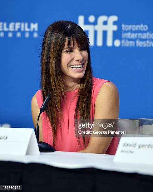 Actress Sandra Bullock speaks onstage during the "Our Brand Is Crisis" press conference at the 2015 Toronto International Film Festival at TIFF Bell...