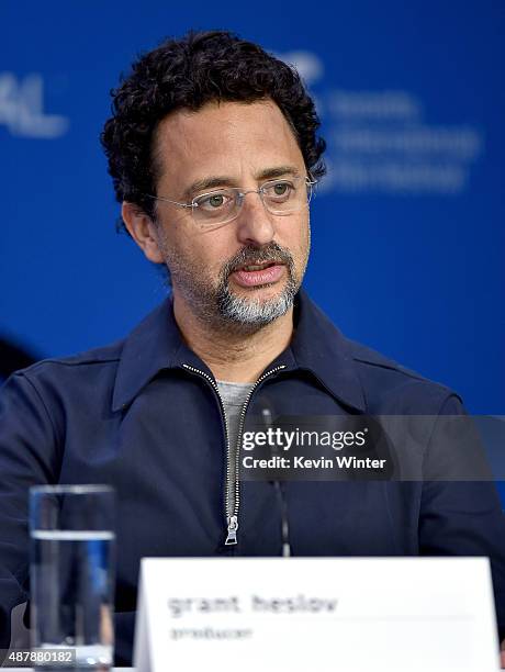 Producer Grant Heslov speaks onstage during the "Our Brand Is Crisis" press conference at the 2015 Toronto International Film Festival at TIFF Bell...