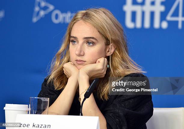 Actress Zoe Kazan speaks onstage during the "Our Brand Is Crisis" press conference at the 2015 Toronto International Film Festival at TIFF Bell...
