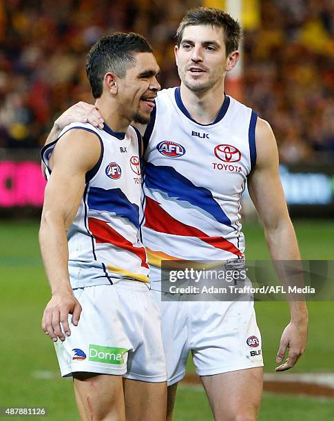 Charlie Cameron and Ricky Henderson of the Crows during the 2015 AFL Second Elimination Final match between the Western Bulldogs and the Adelaide...