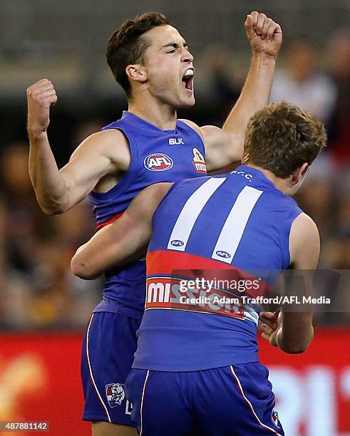 Luke Dahlhaus, Western Bulldogs celebrates a goal during the 2015 AFL Second Elimination Final match between the Western Bulldogs and the Adelaide...