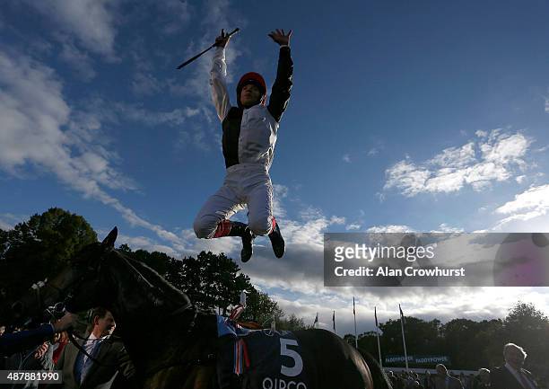 Frankie Dettori riding Golden Horn celebrate winning The Qipco Irish Champion Stakes at Leopardstown racecourse on September 12, 2015 in Dublin,...