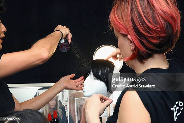 Stylists prepares backstage with TRESemme at the Rebecca Minkoff Runway Show SS 16 at The Gallery, Skylight at Clarkson Sq on September 12, 2015 in...